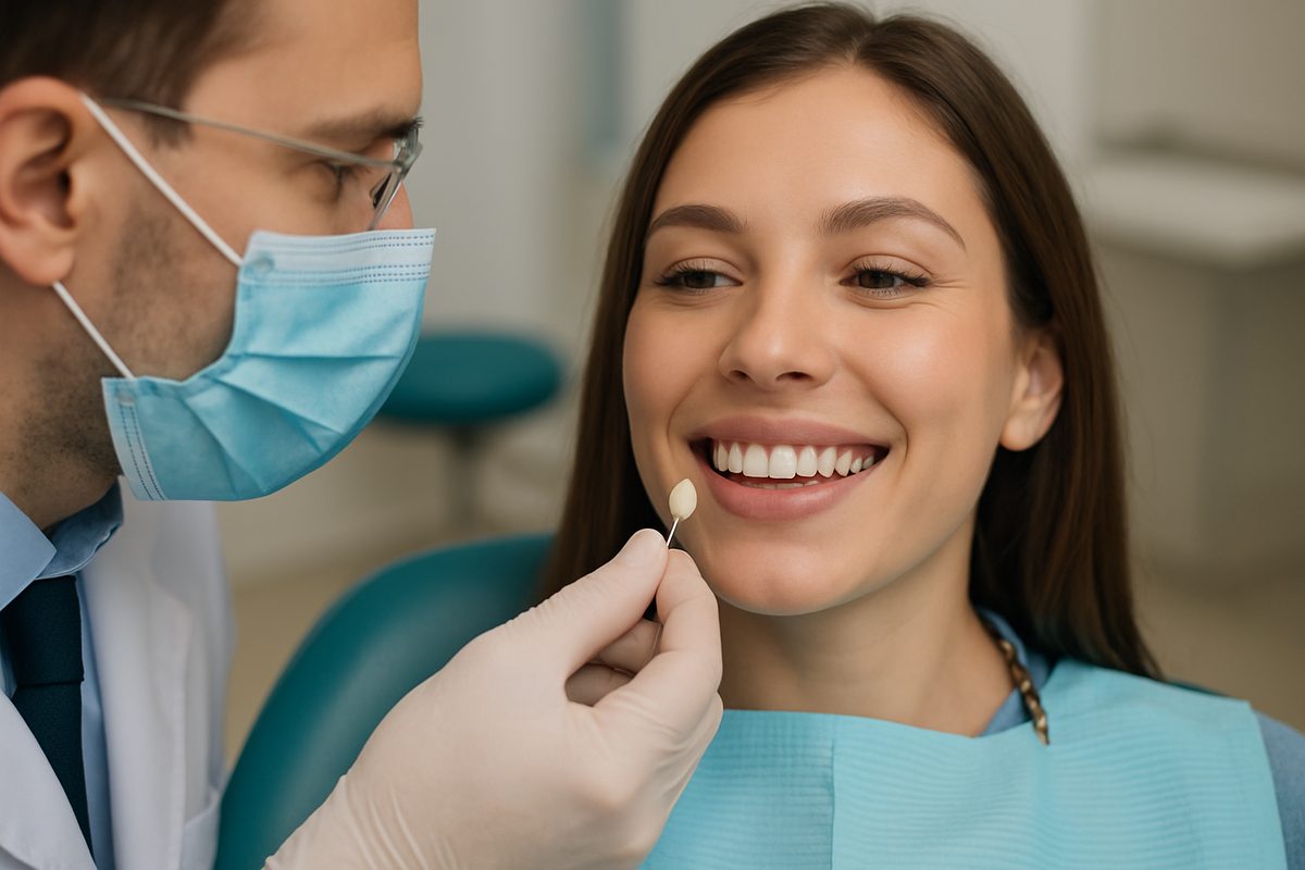 Close up of a woman in the dentists chair smiling, while a male dentist holds a porcelain veneer near her teeth. The woman is wearing a bib and the dentist is wearing a mask. No text on the image.