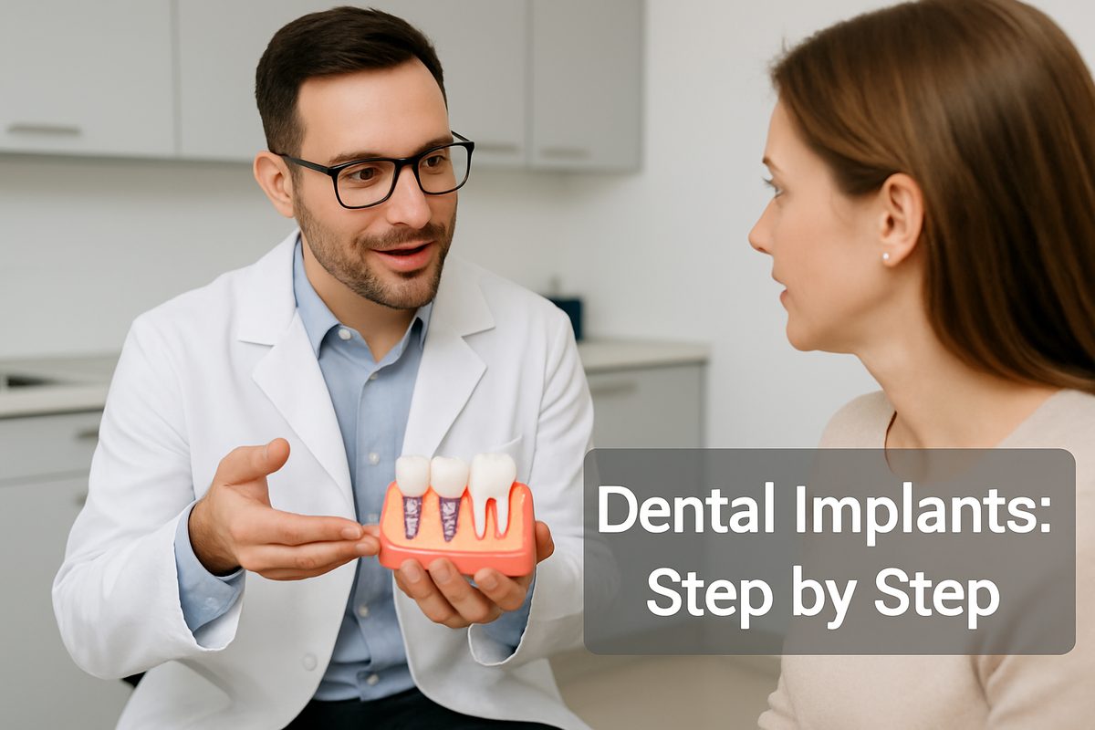 A dentist is consulting with a patient, showing them a 3D model of dental implants in their jaw, illustrating the "steps in dental implant placement". The text overlay says: "Dental Implants: Step by Step".