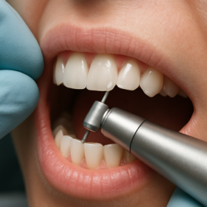 Close up image of a dentist using a dental tool to prepare a patient's tooth for a veneer. The image shows the tooth being gently reshaped. No text on the image.