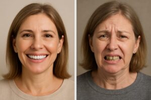 Image of a smiling woman with dental implants, showing off her natural-looking teeth, next to an older photo of her wearing ill-fitting dentures. No text on image.