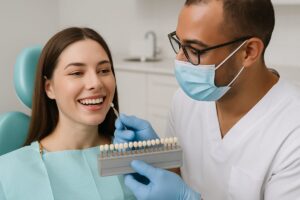 Image of a dentist in Jacksonville, FL, holding a shade guide next to a patient's porcelain veneer, comparing the color and discussing porcelain teeth whitening options. No text on image.