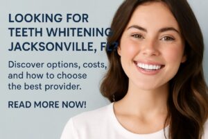 A bright, inviting dental office setting, showcasing a dentist smiling while holding a teeth whitening shade guide next to a patient's teeth. No text on the image.