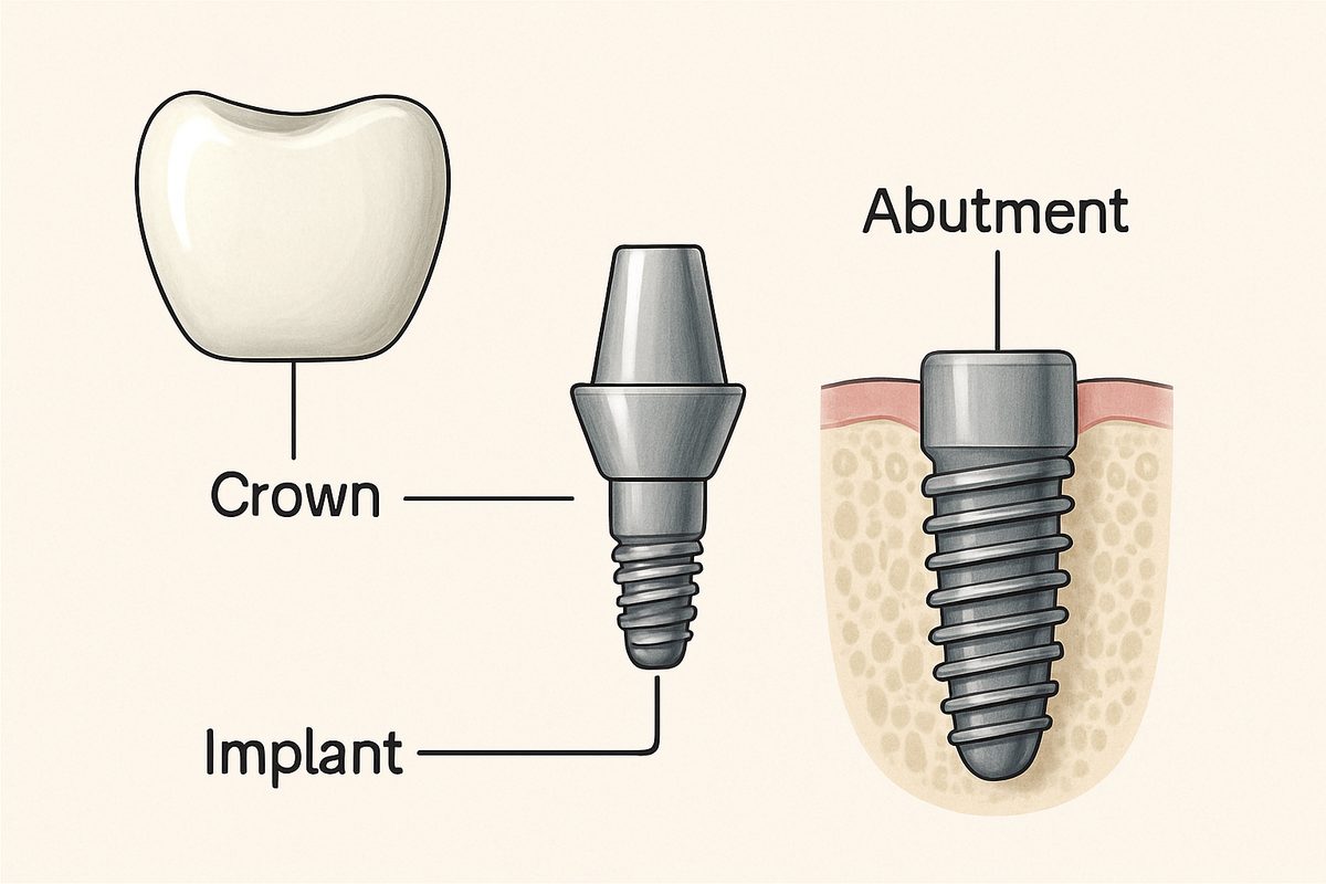 A diagram showcasing the different parts of a tooth implant, including the implant post, abutment, and crown, with labels pointing to each component. No text on the image.