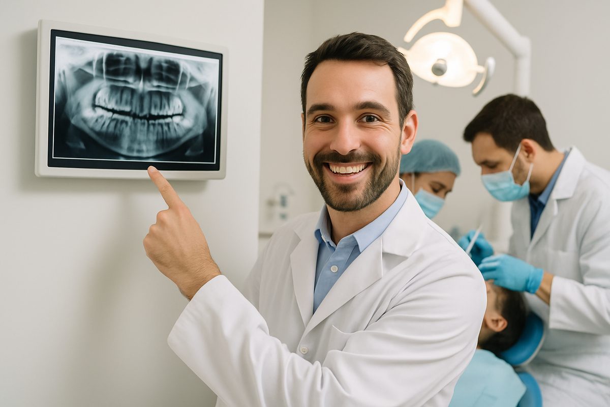 A friendly dentist is smiling and pointing towards an x-ray of a patients mouth, while a team works on the patient in the background. No text on the image.