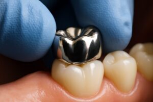 A close up of a full metal crown being placed on a molar by a dentist, showing the precision and fit. No text on image.