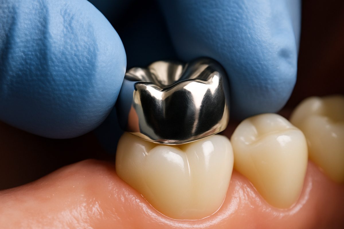 A close up of a full metal crown being placed on a molar by a dentist, showing the precision and fit. No text on image.
