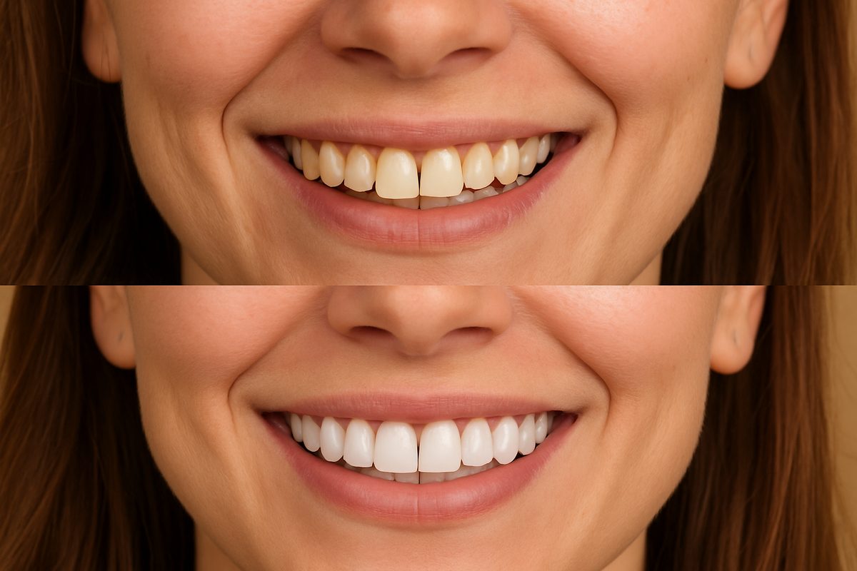 Before and after image of a person's smile transformation with "teeth over teeth" porcelain veneers. The before smile shows crooked and discolored teeth, and the after smile shows straight, white teeth. No text on image.
