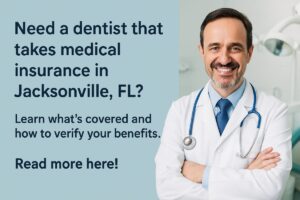 A friendly dentist is speaking with a patient in Jacksonville, Florida, explaining how their medical insurance can help cover certain dental procedures; the dentist is pointing to a brochure titled "Understanding Medical Billing for Dental Procedures."