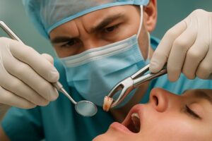 A dentist is carefully extracting a broken tooth from a patient's mouth, preparing the site for a future dental implant. The dentist is using sterilized tools, and the focus is on precision and care. There is no text on the image.