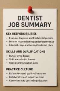 Image of a job board posting for a dentist position, highlighting key responsibilities, skills, and practice culture. Text on the image says "Dentist Job Summary".