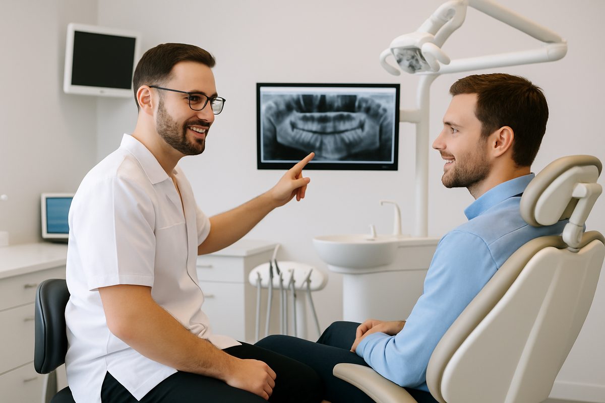 Image of a modern and clean dental office in Jacksonville, Florida, showcasing state-of-the-art equipment and a welcoming atmosphere. A dentist and patient are consulting, with a focus on advanced dental technology and patient comfort. No text on the image.