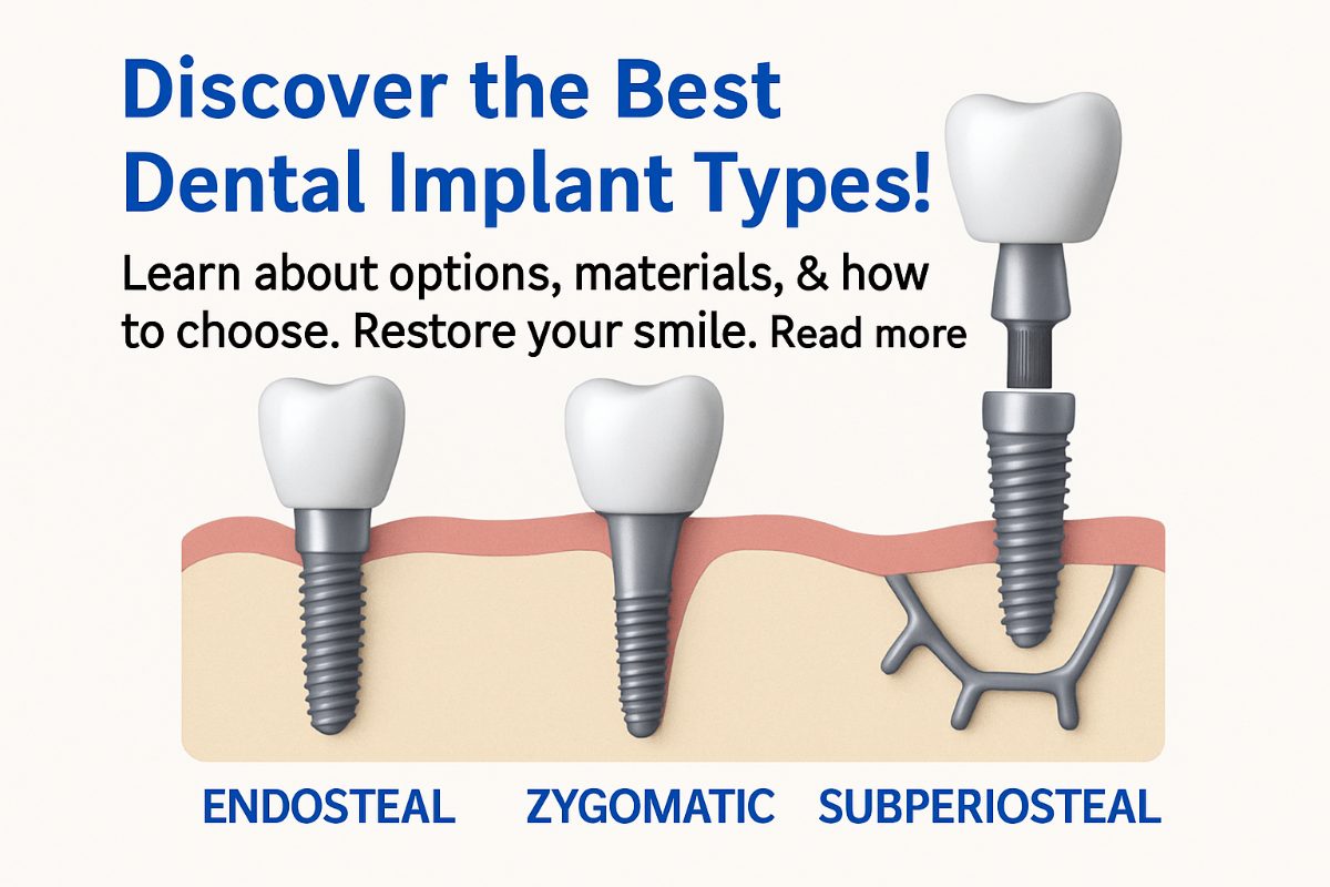 Collage of the different kinds of dental implants, including endosteal, subperiosteal, zygomatic, All-on-4, and mini dental implants. No text on image.