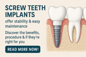 Close up image of a dentist screwing in a dental implant on a patient. No text on the image.