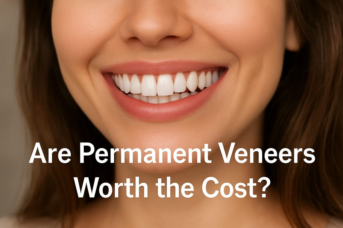 A beautiful smile with bright white permanent veneers. The text on the image says "Are Permanent Veneers Worth the Cost?".