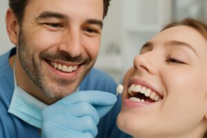 Close up of a dentist smiling while holding a veneer next to a patient's teeth, illustrating the veneer placement process in a dental setting. No text on image.