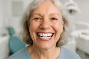 Photo of a smiling, older woman with a full, bright set of teeth, post full mouth dental implants. Focus on the teeth and smile, with a blurred background of a dental office. No text on image.