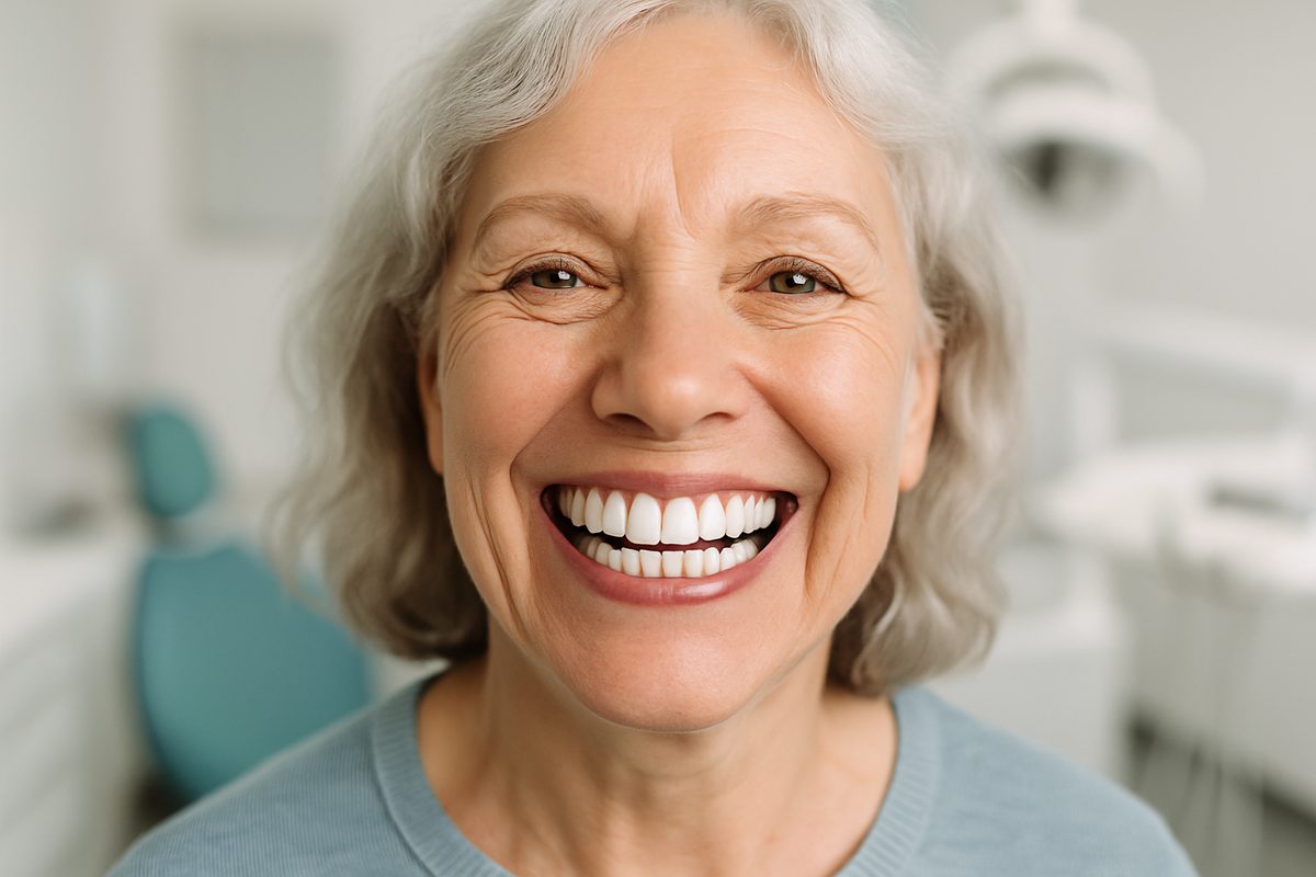 Photo of a smiling, older woman with a full, bright set of teeth, post full mouth dental implants. Focus on the teeth and smile, with a blurred background of a dental office. No text on image.