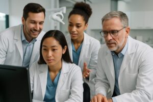 A group of dentists in a modern, well-lit office collaborate around a computer screen, reviewing patient records and discussing treatment plans. The image should convey a sense of teamwork, professionalism, and commitment to patient care. No text on the image.