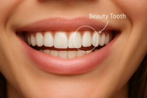 Close up of a perfect, bright smile with a single tooth highlighted, labeled "Beauty Tooth". No text on the image.