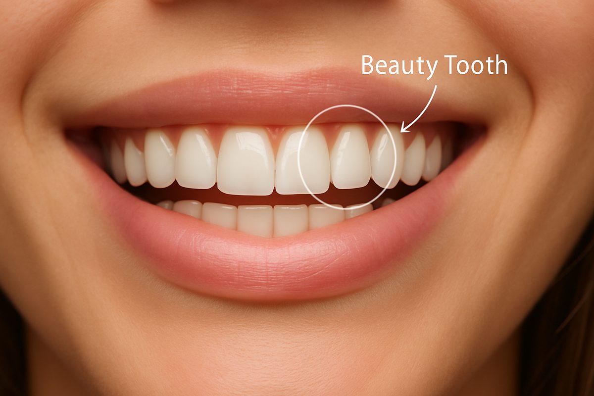 Close up of a perfect, bright smile with a single tooth highlighted, labeled "Beauty Tooth". No text on the image.