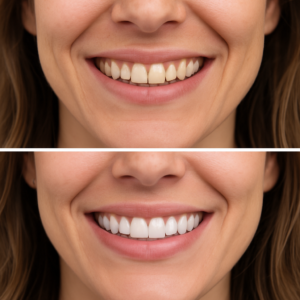 A before and after photo showcasing the transformative results of good veneers, highlighting a patient's enhanced smile with natural-looking teeth. No text on image.