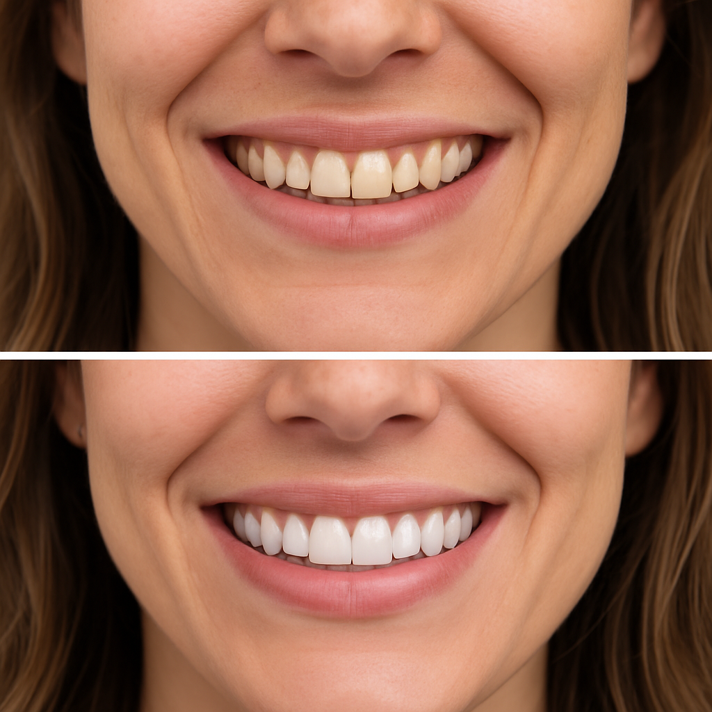 A before and after photo showcasing the transformative results of good veneers, highlighting a patient's enhanced smile with natural-looking teeth. No text on image.