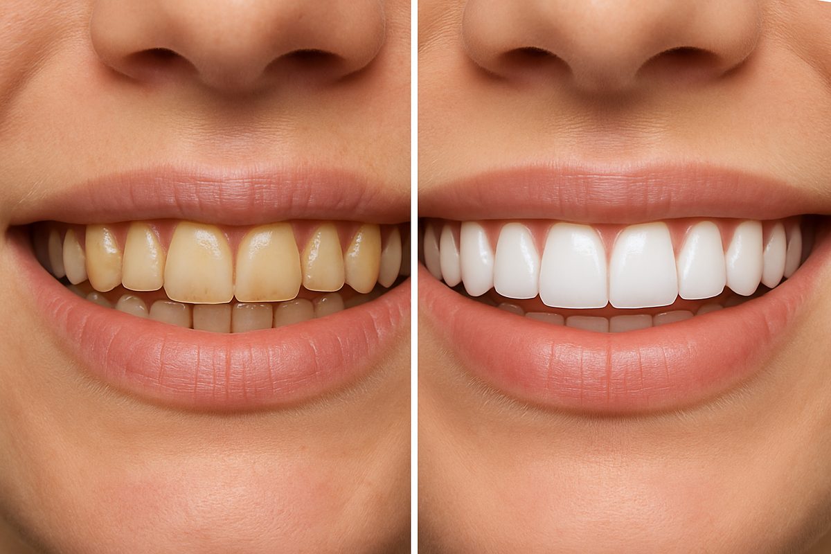 A split image showing before-and-after results of veneers. The "before" side shows teeth with discoloration and minor imperfections, while the "after" side showcases a bright, uniform smile achieved with veneers. No text on the image.