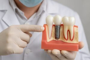 A close-up shot of a dentist pointing to a dental implant integrated into a patient's jawbone, with a false tooth (crown) attached. No text on image.