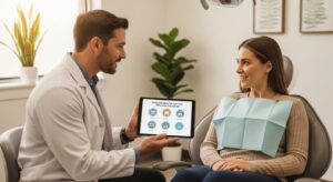 Dentist consulting with a patient in a modern dental office