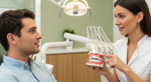 Patient consulting with dentist about front tooth veneers in a modern clinic.