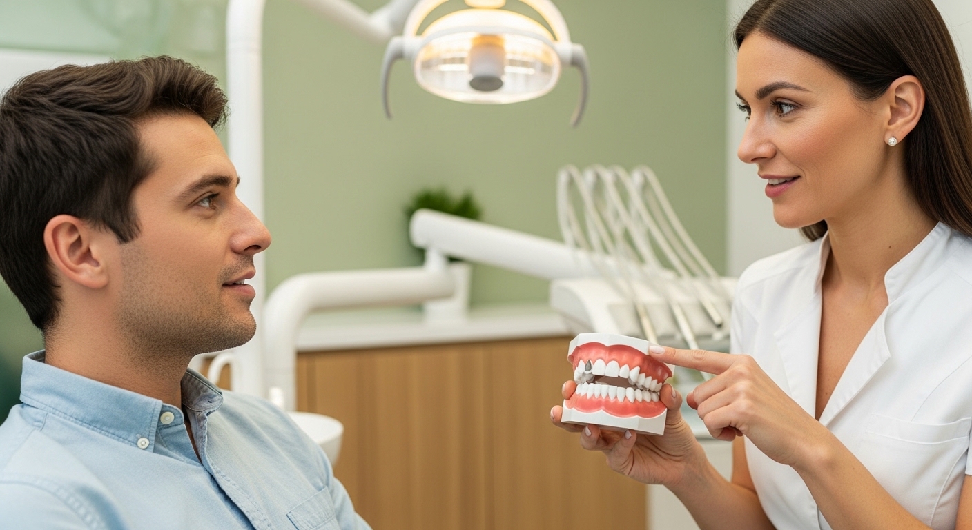 Patient consulting with dentist about front tooth veneers in a modern clinic.