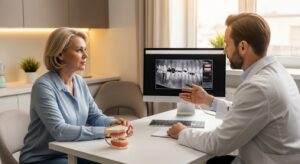 Patient consultation with dentist in modern office setting