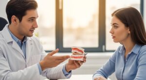 Dentist explaining veneers using a dental model to a patient