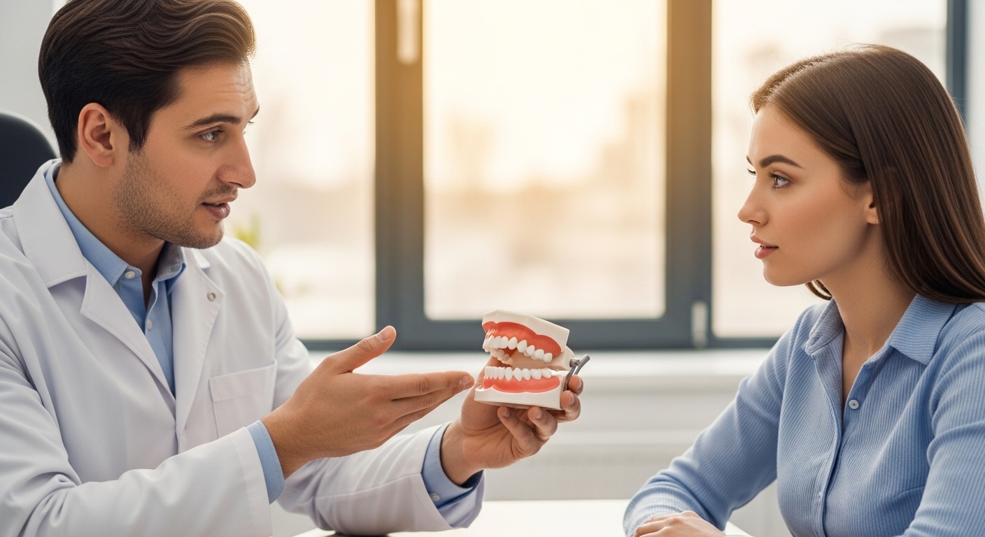Dentist explaining veneers using a dental model to a patient