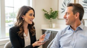Dentist and patient consultation in a modern dental office